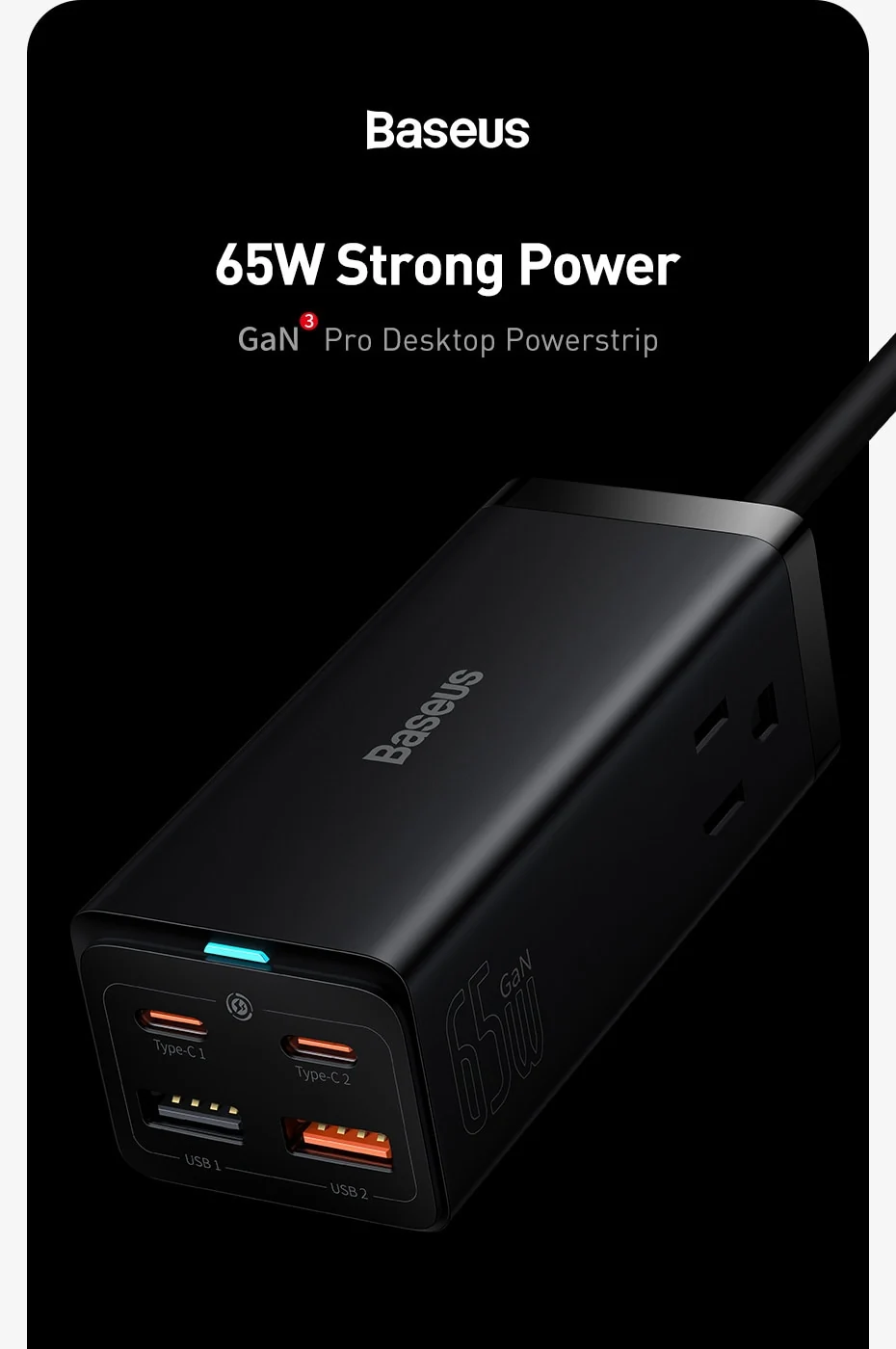 Baseus 65W GaN3 Pro Desktop Charger Power Strip US Plug Charging Station Fast Charger For iphone 13 12 Xiaomi Samsung Laptop