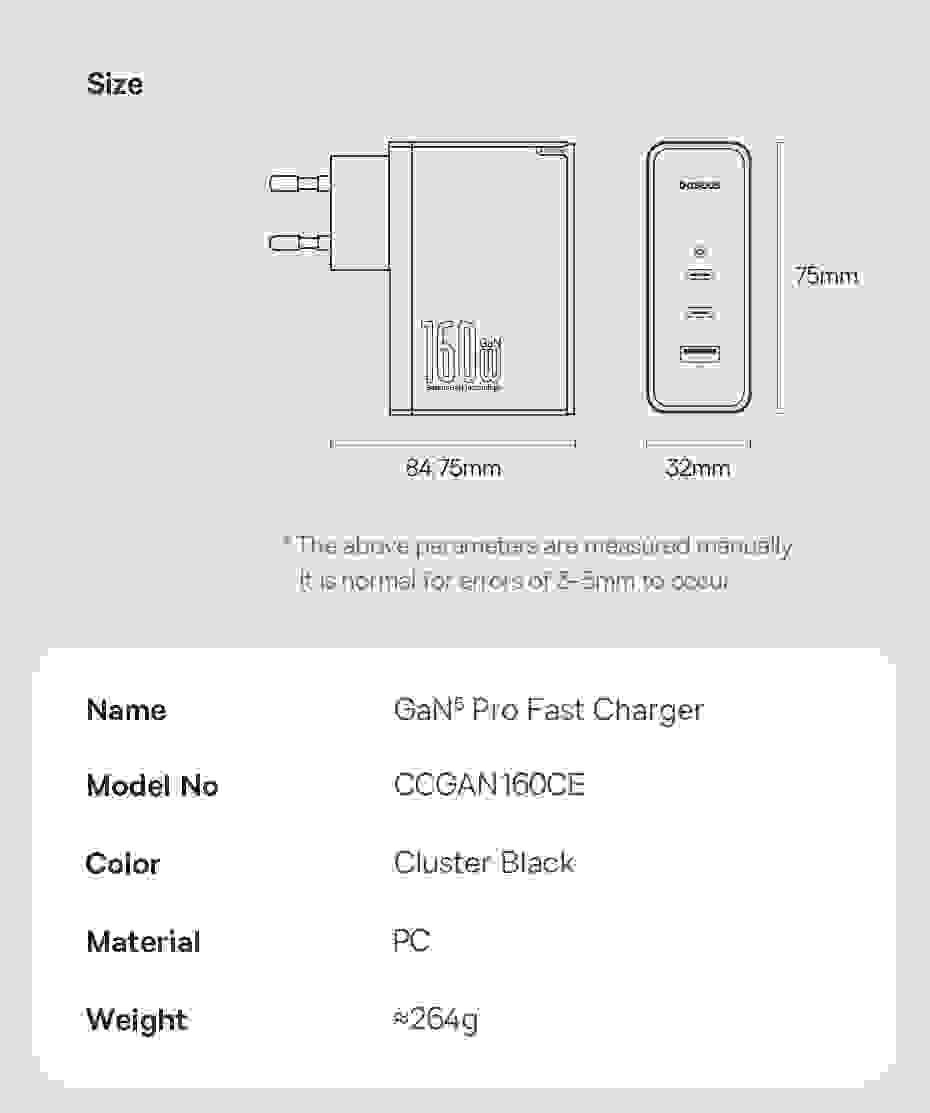 Baseus 160W GaN Charger Fast Charger For Laptop Tablet iPhone Type C Charger Support PD3.1 QC PPS With USB Phone Charger