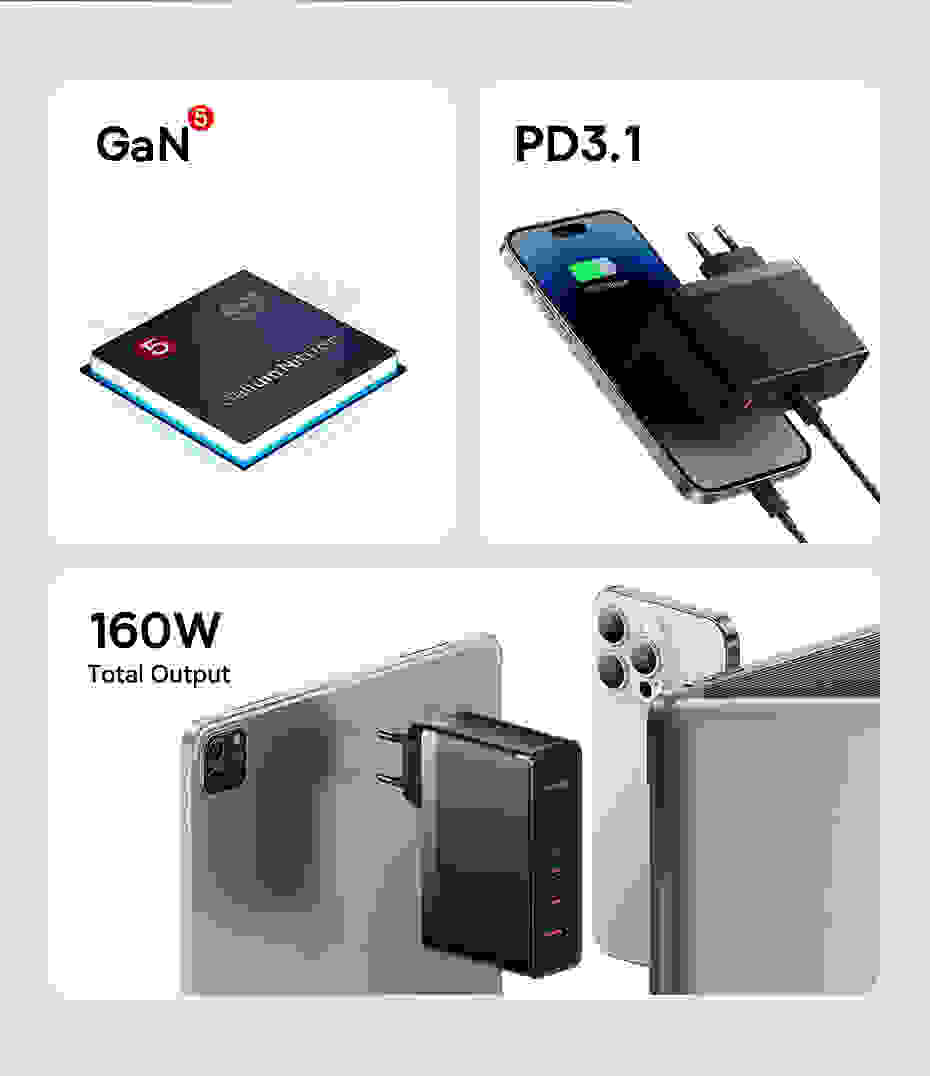 Baseus 160W GaN Charger Fast Charger For Laptop Tablet iPhone Type C Charger Support PD3.1 QC PPS With USB Phone Charger