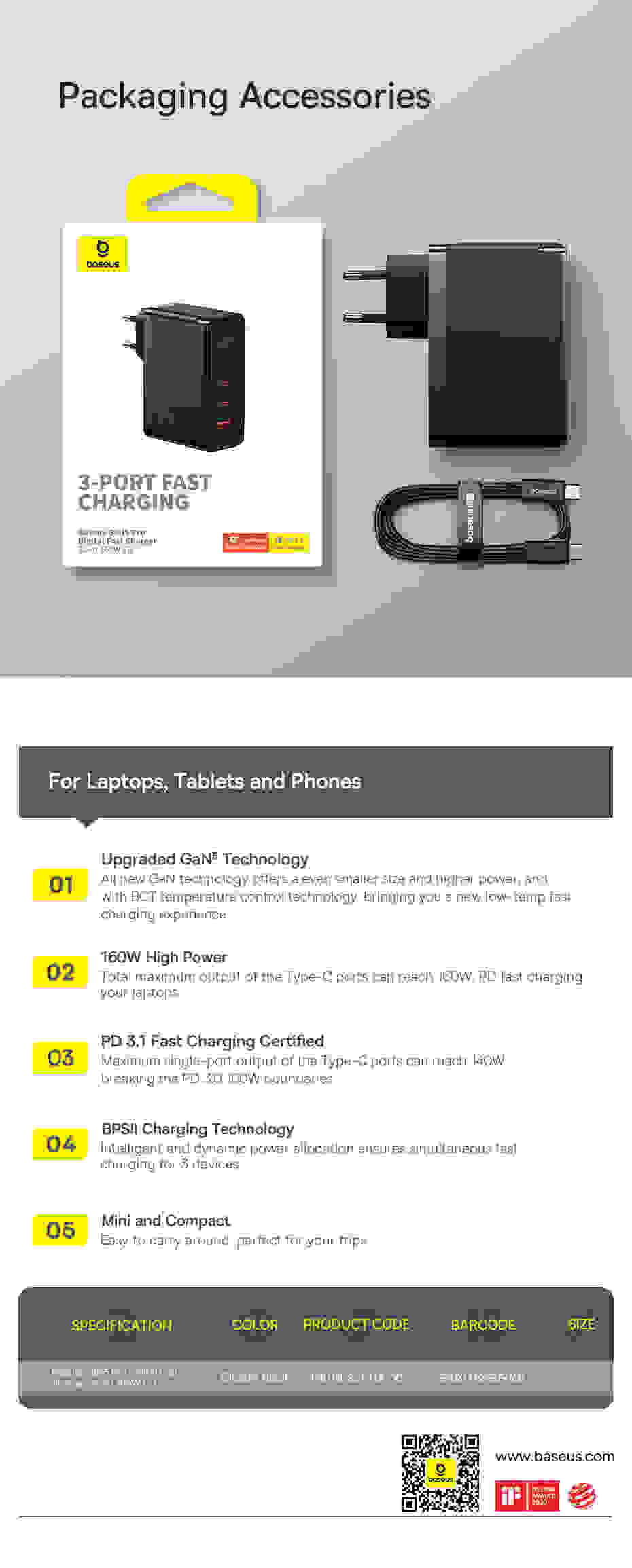 Baseus 160W GaN Charger Fast Charger For Laptop Tablet iPhone Type C Charger Support PD3.1 QC PPS With USB Phone Charger