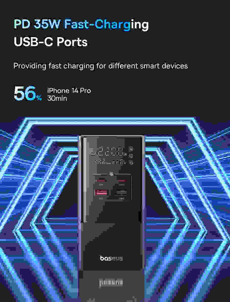 Baseus 35W Fast Charging Digital Power Strip 7-in-1 Charging Station 4000W Rated Power Digital Display For iPhone 14 13 Pro Max