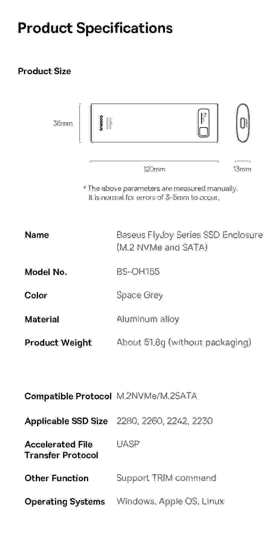 Baseus SSD NVME M2 Case Dual Protocol M.2 to USB Type C 3.2 Gen 2 Portable SSD Sata Nvme Enclosure External PC Case