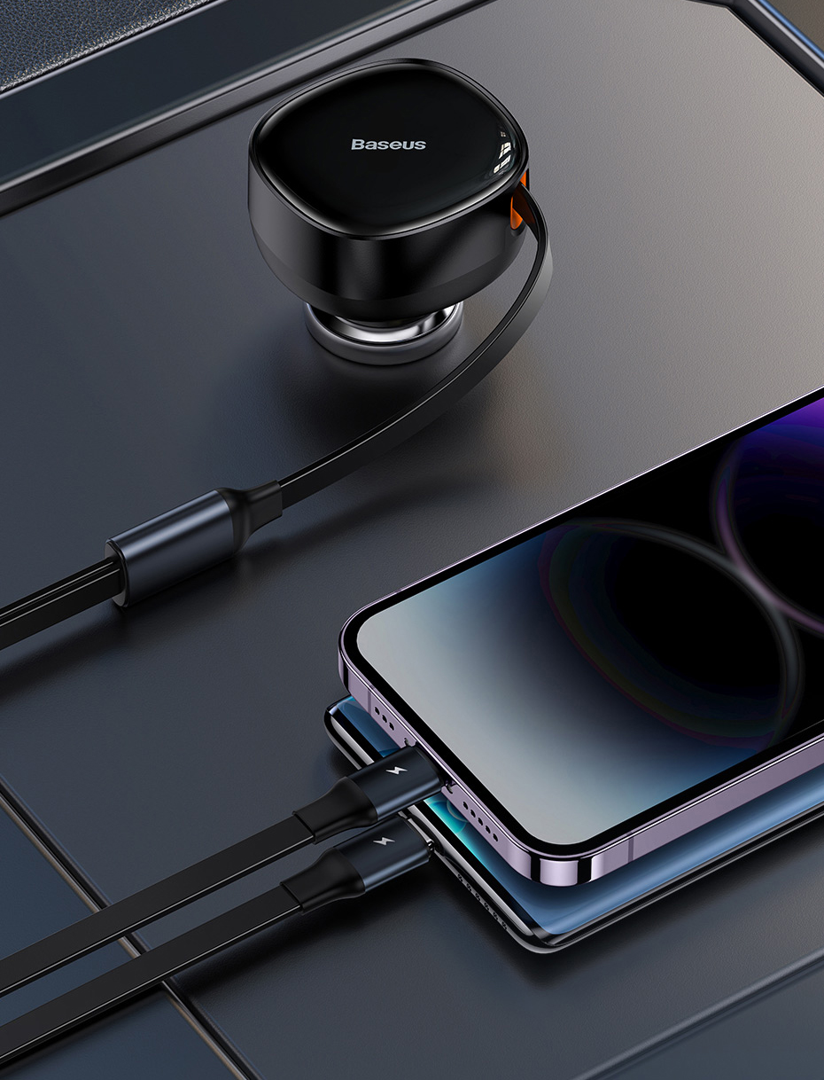 Baseus 2-in-1 Car Charger PD 20W Fast Charging Retractable Cable 30W 33W Quick Charging Phone Charger Type C For Xiaomi iPhone