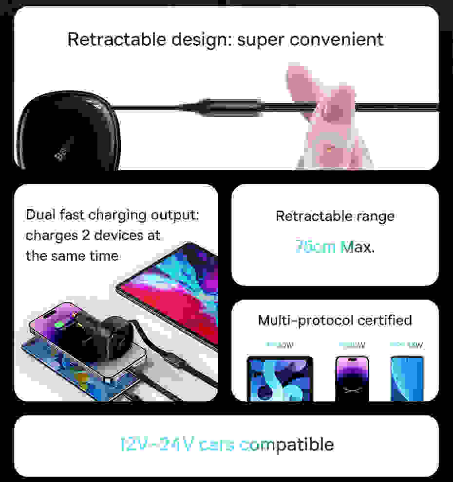 Baseus 2-in-1 Car Charger PD 20W Fast Charging Retractable Cable 30W 33W Quick Charging Phone Charger Type C For Xiaomi iPhone