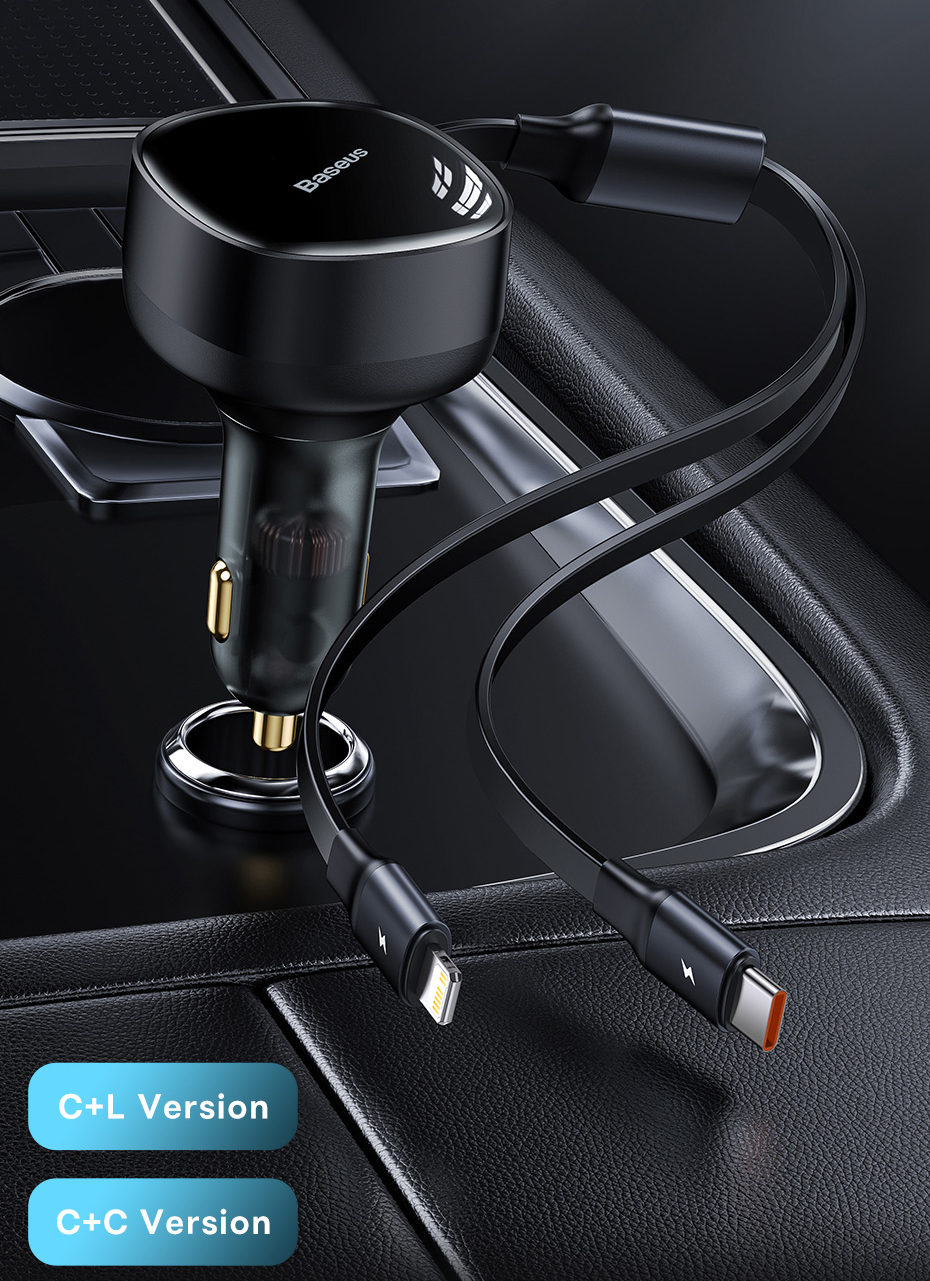 Baseus 2-in-1 Car Charger PD 20W Fast Charging Retractable Cable 30W 33W Quick Charging Phone Charger Type C For Xiaomi iPhone