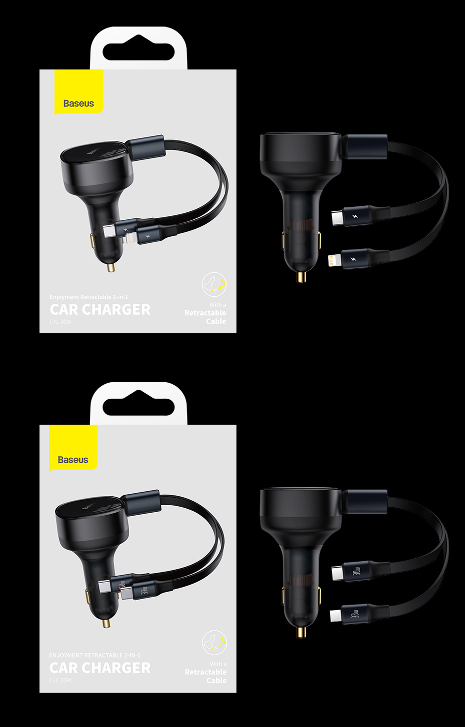 Baseus 2-in-1 Car Charger PD 20W Fast Charging Retractable Cable 30W 33W Quick Charging Phone Charger Type C For Xiaomi iPhone
