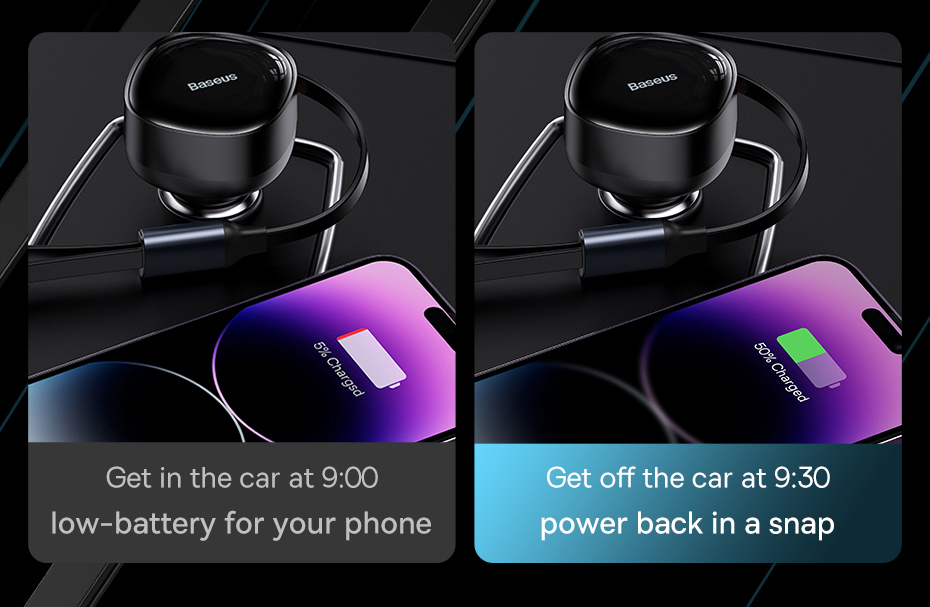 Baseus 2-in-1 Car Charger PD 20W Fast Charging Retractable Cable 30W 33W Quick Charging Phone Charger Type C For Xiaomi iPhone