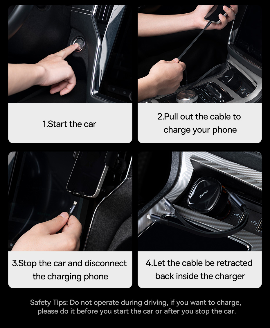 Baseus 2-in-1 Car Charger PD 20W Fast Charging Retractable Cable 30W 33W Quick Charging Phone Charger Type C For Xiaomi iPhone