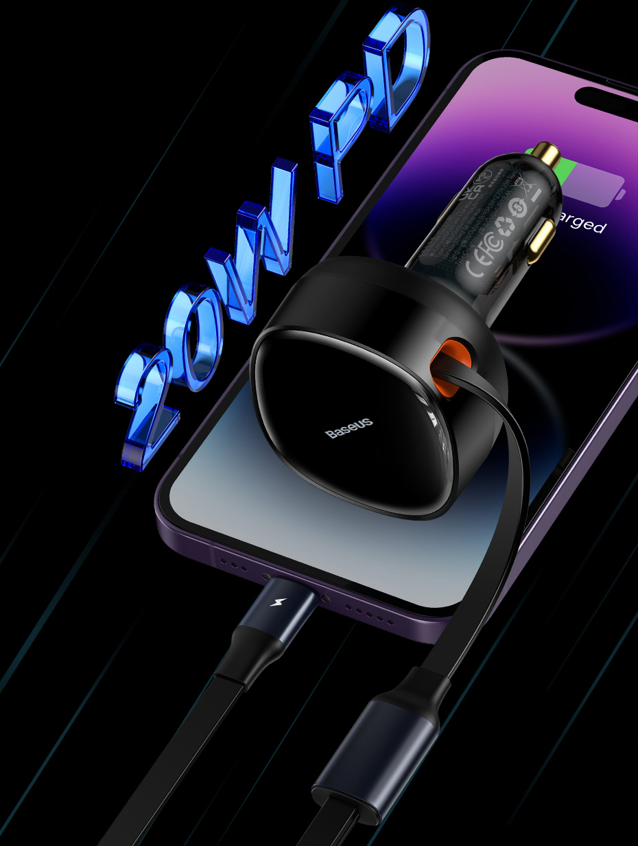 Baseus 2-in-1 Car Charger PD 20W Fast Charging Retractable Cable 30W 33W Quick Charging Phone Charger Type C For Xiaomi iPhone