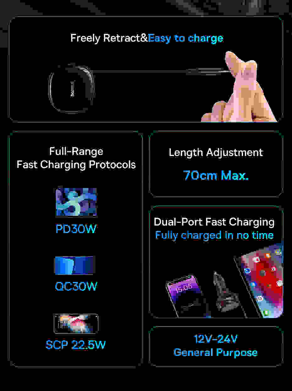 Baseus 2-in-1 Car Charger Fast Charging 30W Quick Charging PD 25W USB C Built-in Retractable Cable for iPhone MacBook Xiaomi