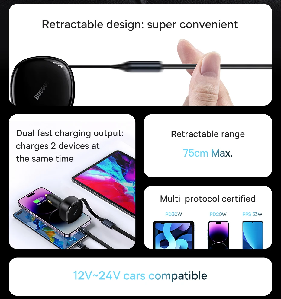 Baseus Car Charger Pro Retractable 30W Fast Charging Dual Port Type-C and Lightning