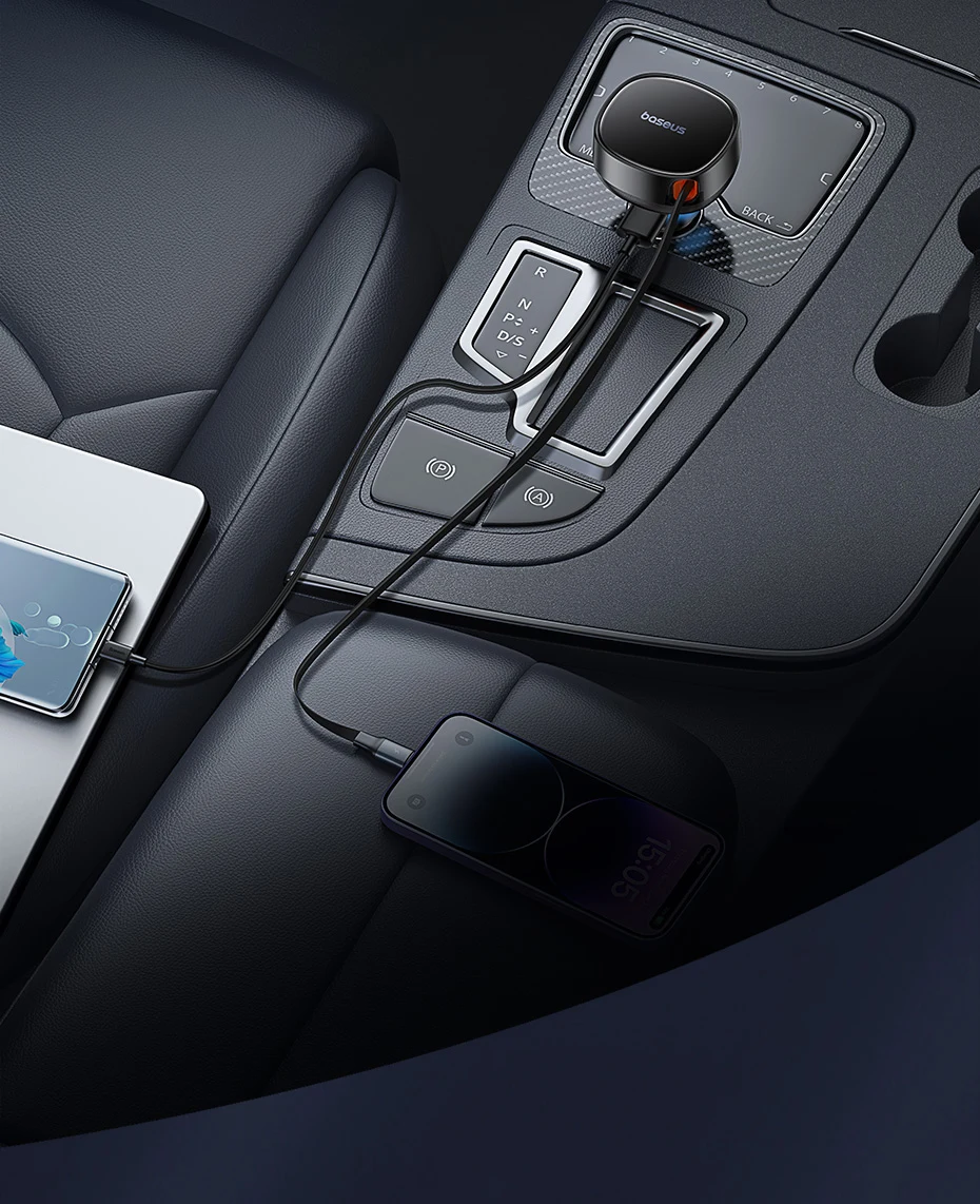 Baseus 55W Dual-Port Car Charger with Retractable Cables for Fast Charging
