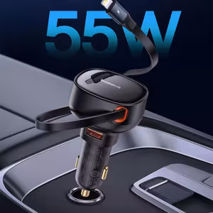 Baseus 55W Dual-Port Car Charger with Retractable Cables for Fast Charging
