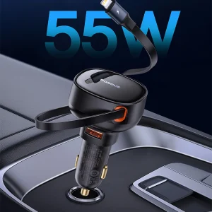 Baseus 55W Dual-Port Car Charger with Retractable Cables for Fast Charging