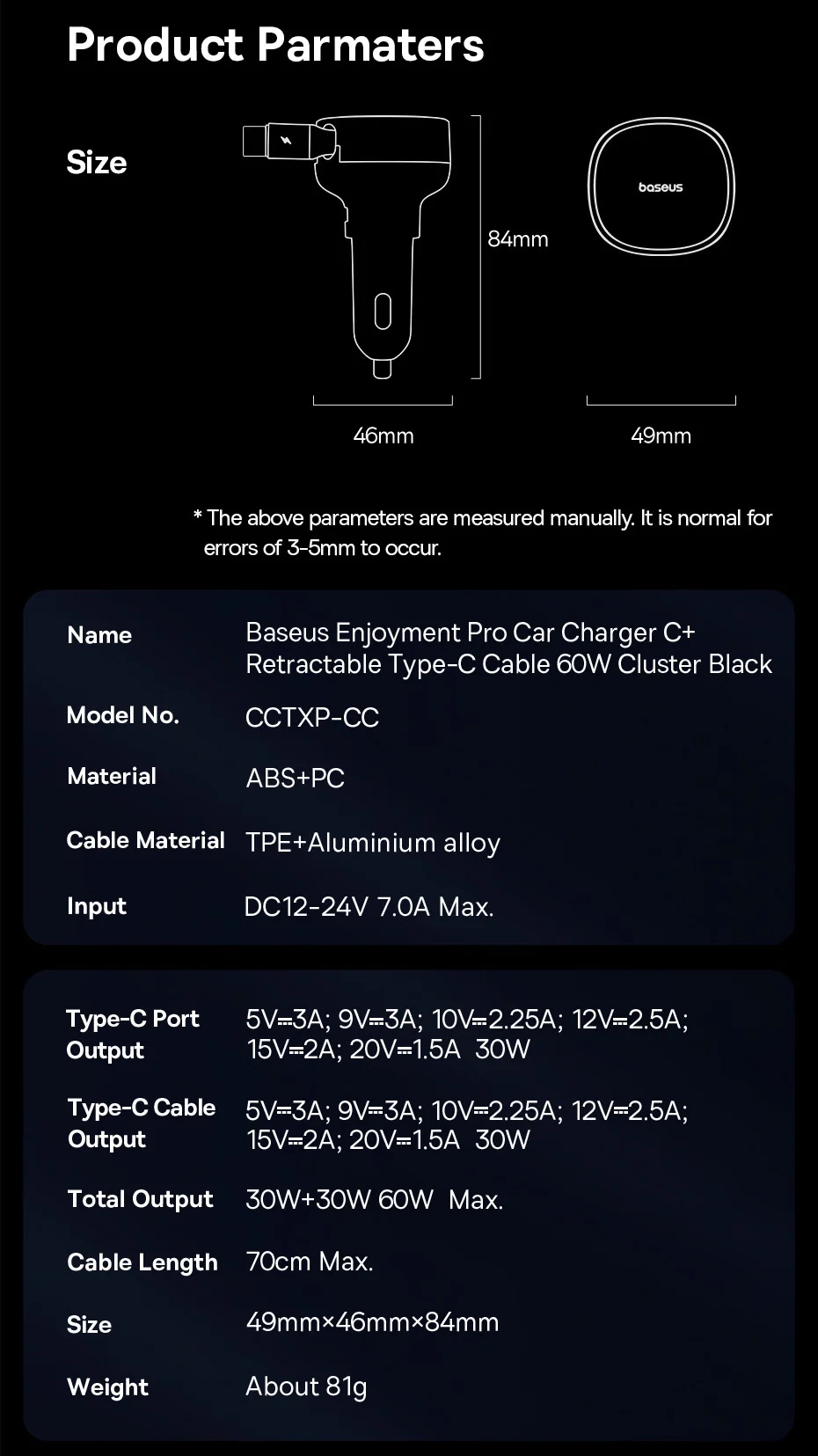 Baseus 55W Dual-Port Car Charger with Retractable Cables for Fast Charging