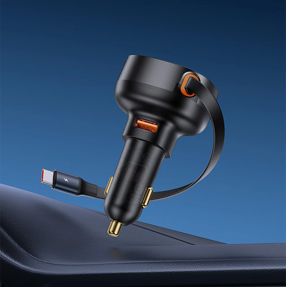 Baseus 55W Dual-Port Car Charger with Retractable Cables for Fast Charging