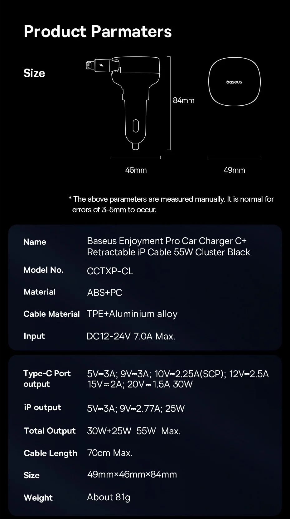 Baseus 55W Dual-Port Car Charger with Retractable Cables for Fast Charging