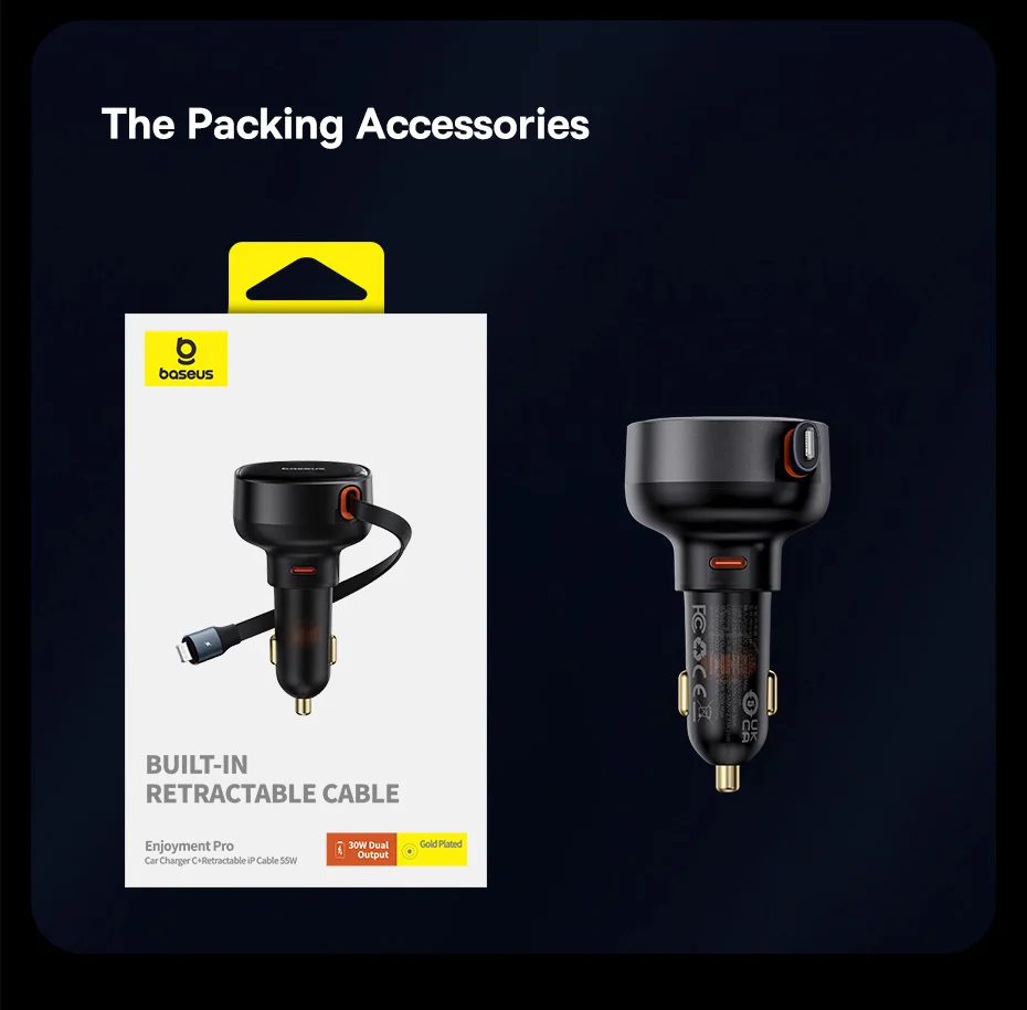 Baseus 55W Dual-Port Car Charger with Retractable Cables for Fast Charging