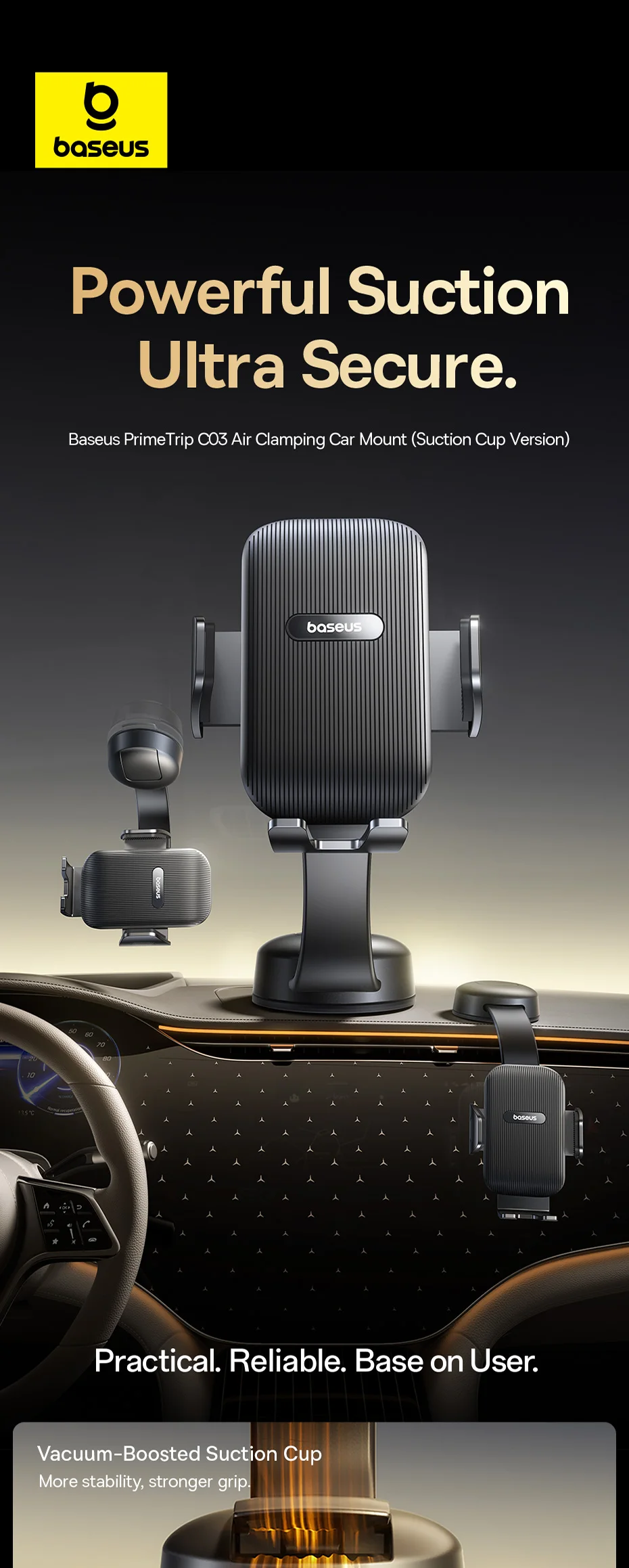 Baseus UltraControl Go Series Car Phone Holder - 6KG Dashboard Clamp Mount with Vacuum Suction