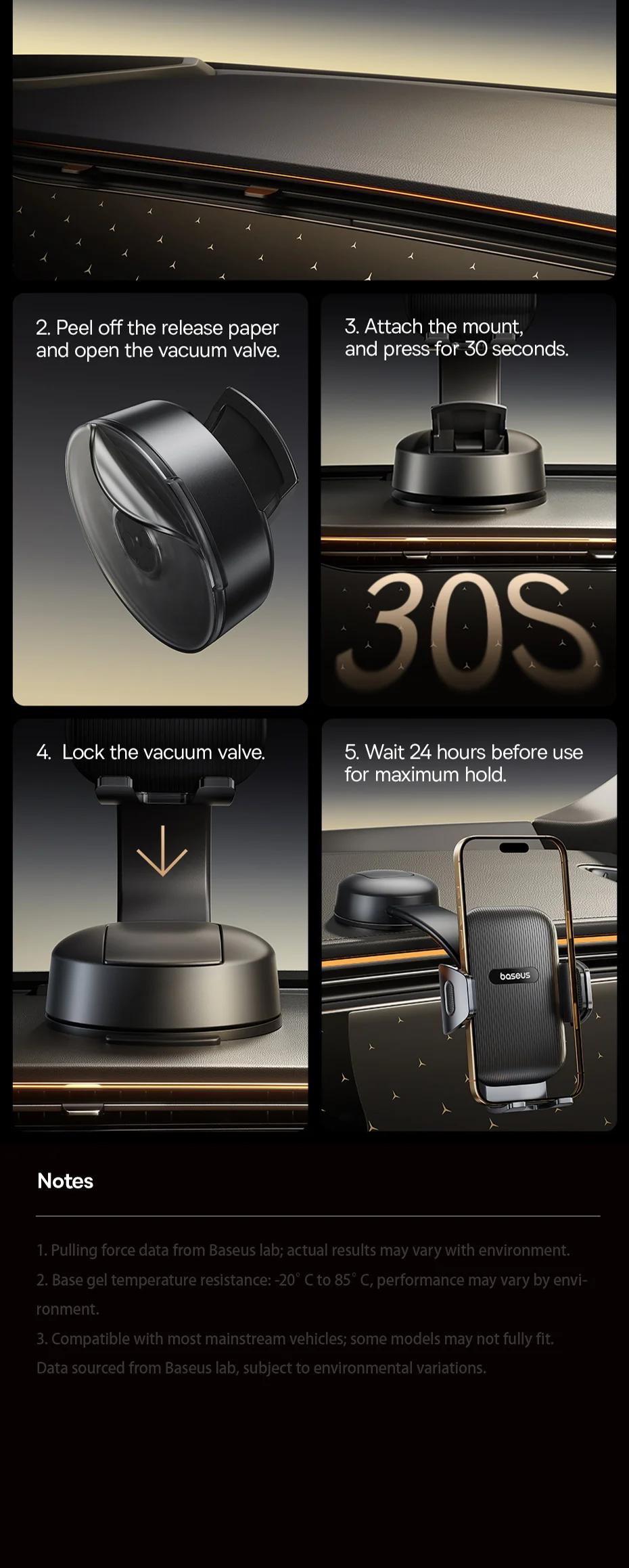 Baseus UltraControl Go Series Car Phone Holder - 6KG Dashboard Clamp Mount with Vacuum Suction