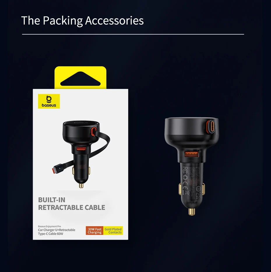 Baseus 55W Dual-Port Car Charger with Retractable Cables for Fast Charging