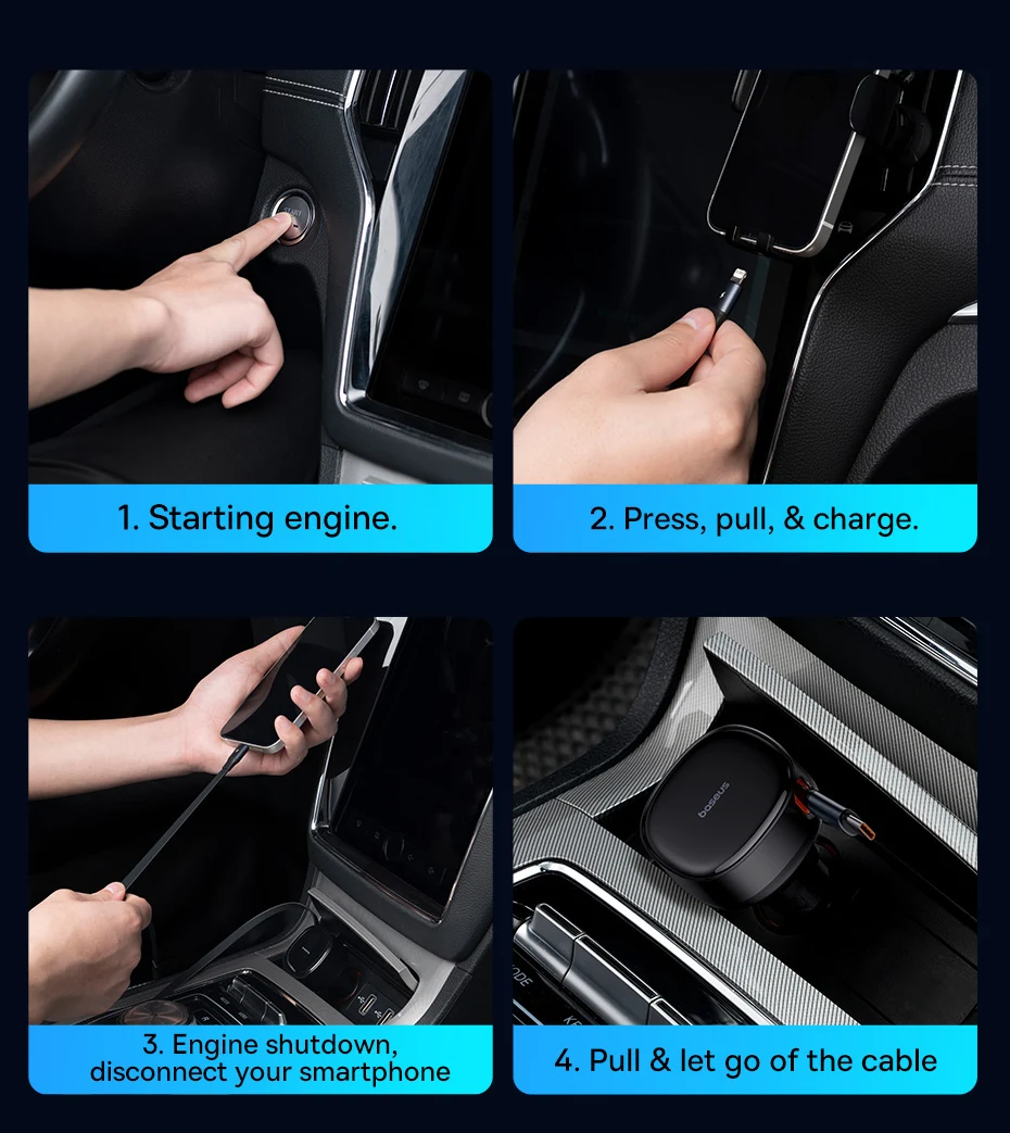 Baseus 55W Dual-Port Car Charger with Retractable Cables for Fast Charging