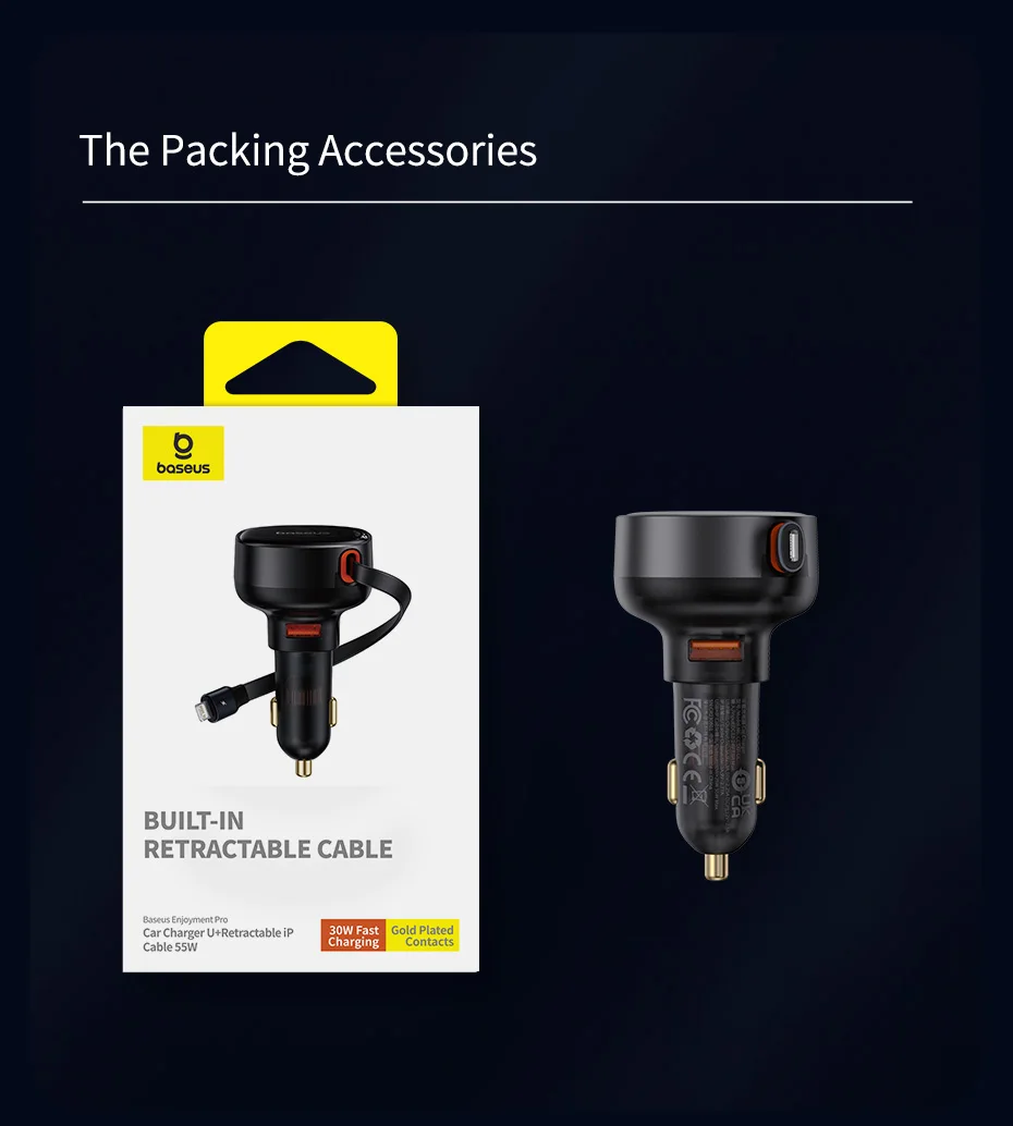 Baseus 55W Dual-Port Car Charger with Retractable Cables for Fast Charging