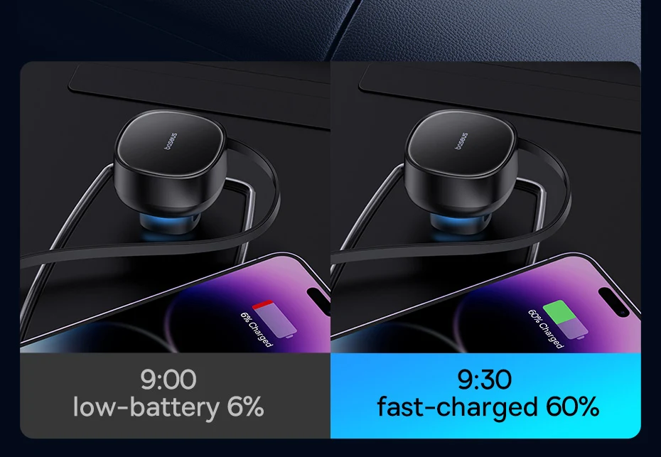 Baseus 55W Dual-Port Car Charger with Retractable Cables for Fast Charging