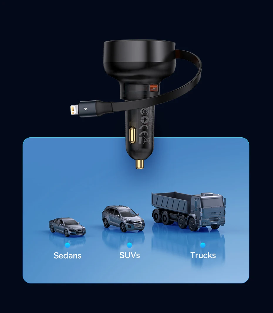 Baseus 55W Dual-Port Car Charger with Retractable Cables for Fast Charging