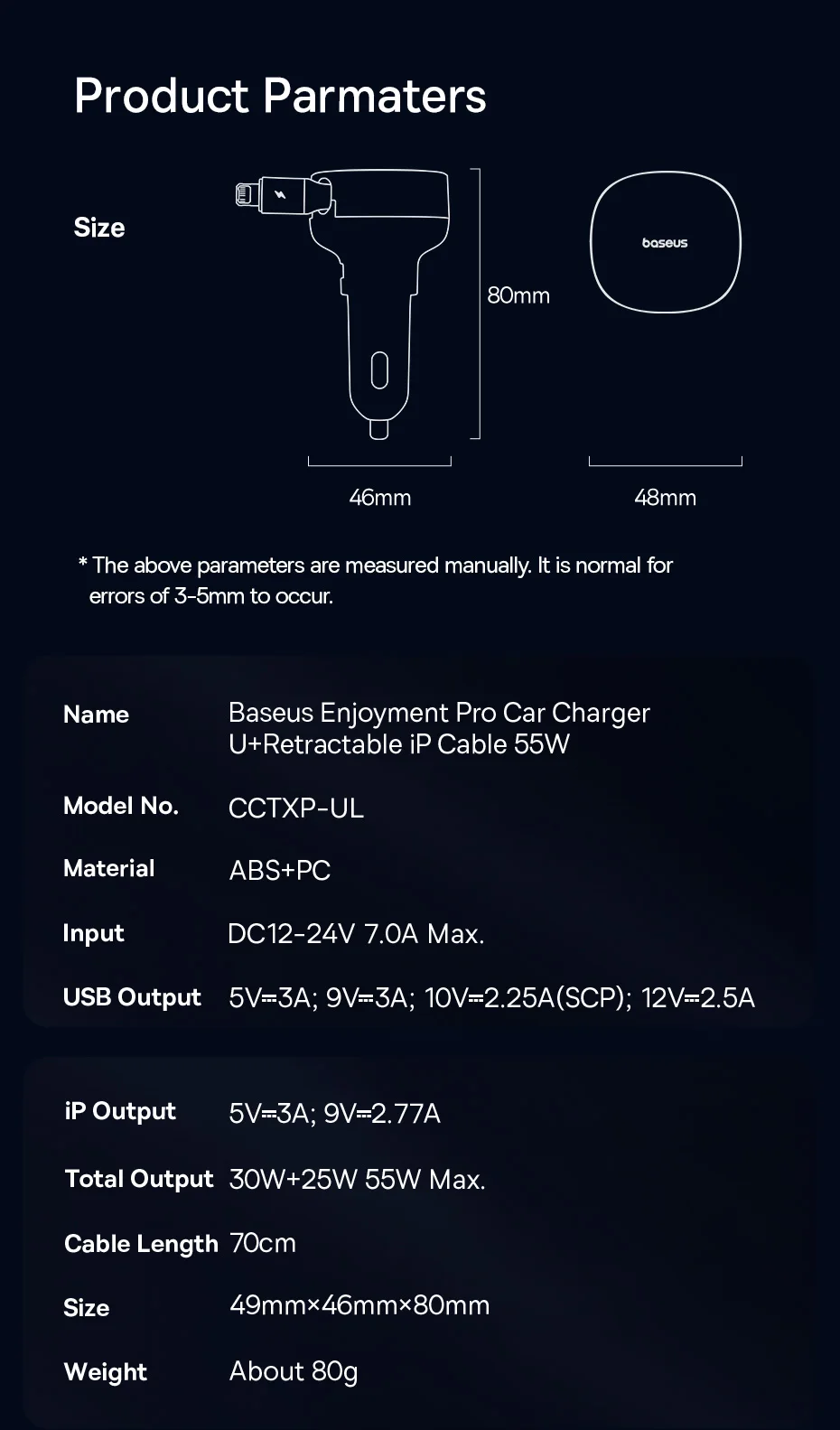 Baseus 55W Dual-Port Car Charger with Retractable Cables for Fast Charging