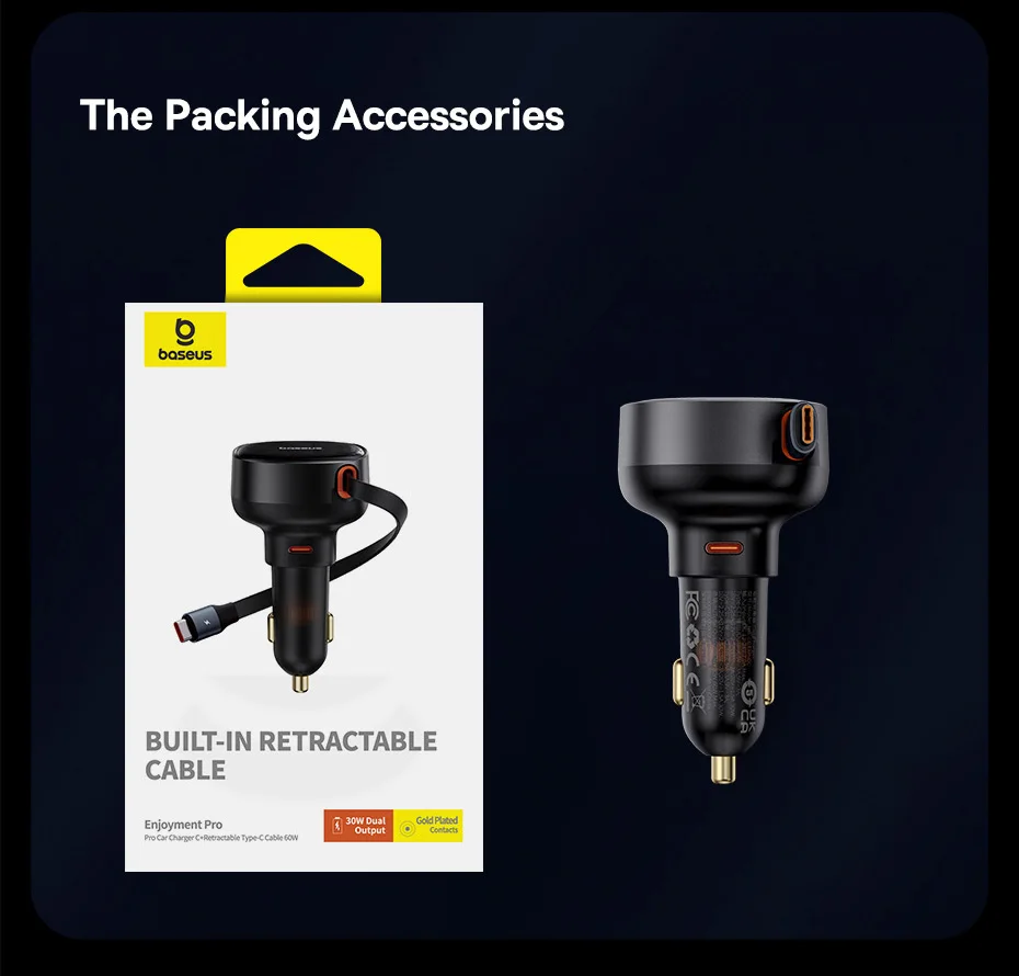 Baseus 55W Dual-Port Car Charger with Retractable Cables for Fast Charging