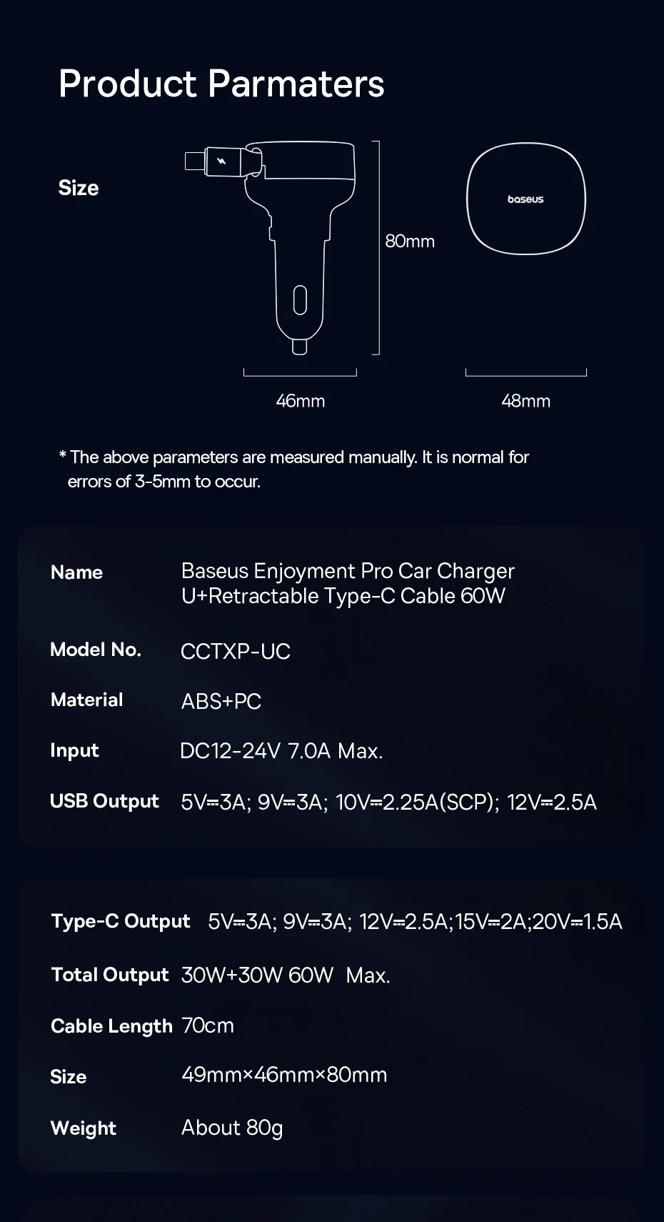 Baseus 55W Dual-Port Car Charger with Retractable Cables for Fast Charging