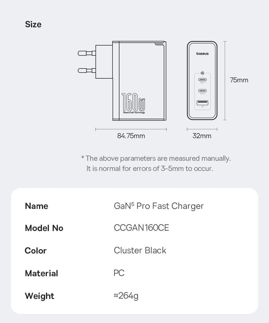 Baseus 160W GaN Pro Fast Charger PD3.1 2C+U Compact Wall Charger
