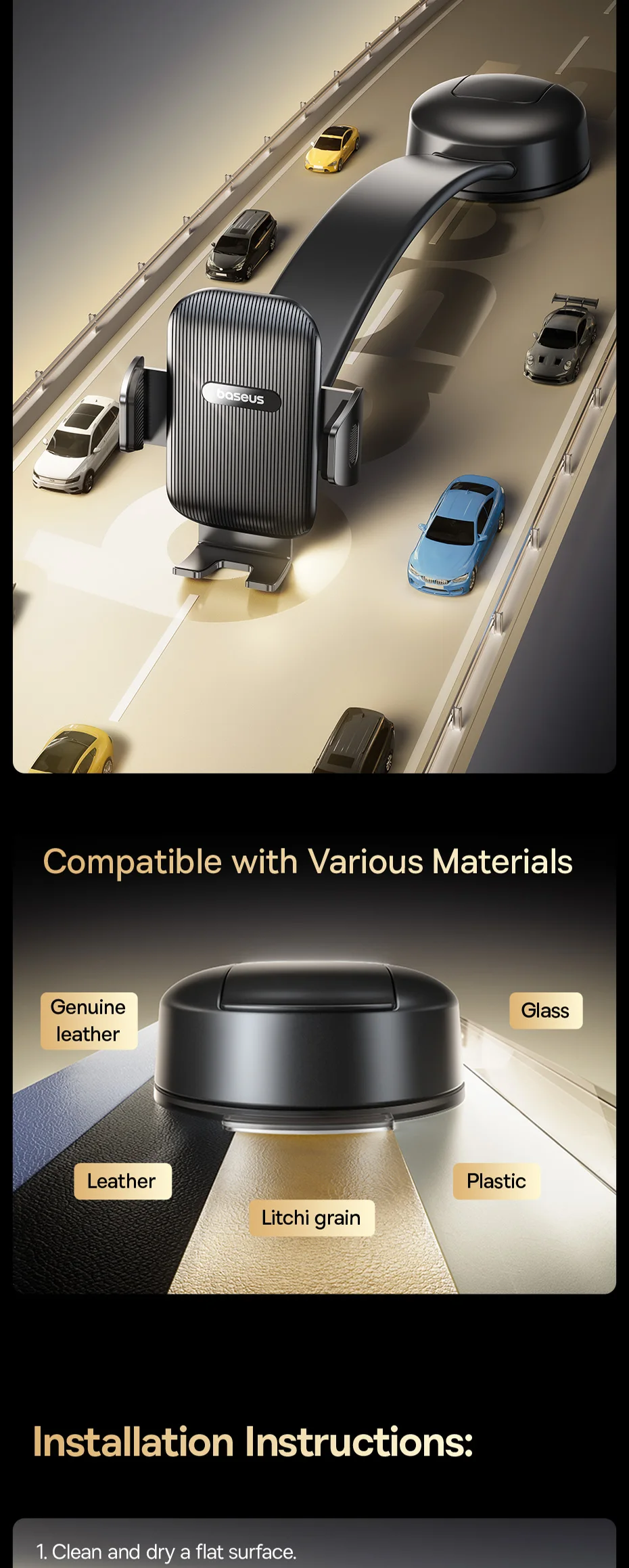 Baseus UltraControl Go Series Car Phone Holder - 6KG Dashboard Clamp Mount with Vacuum Suction