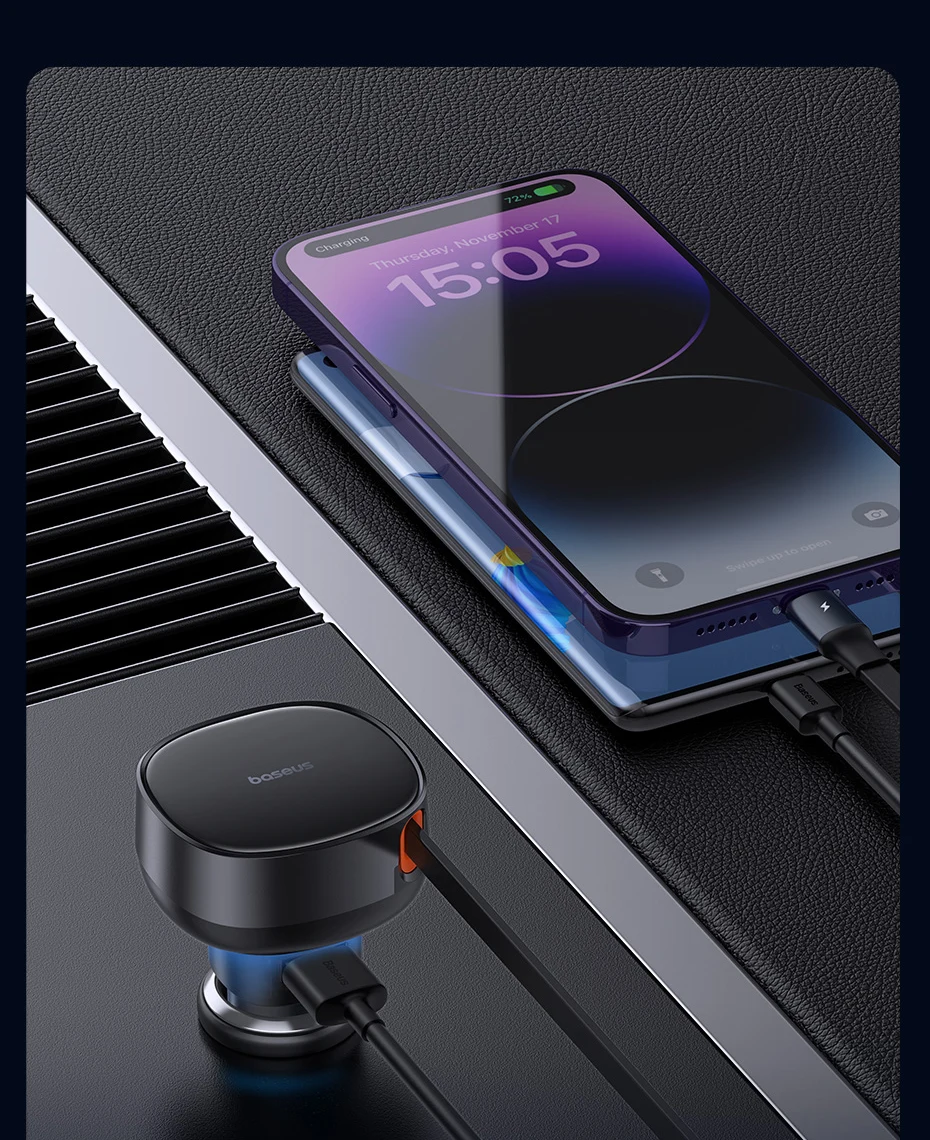 Baseus 55W Dual-Port Car Charger with Retractable Cables for Fast Charging