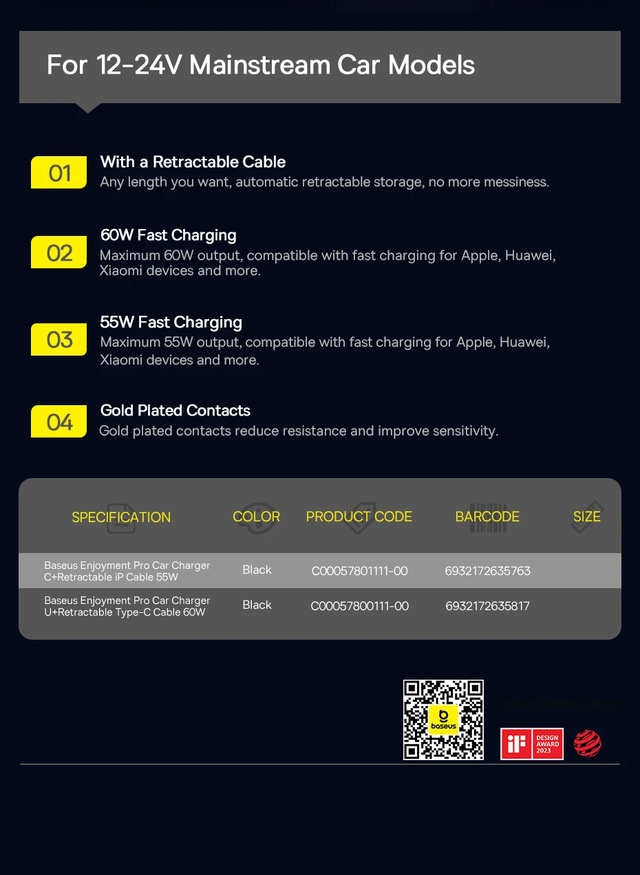 Baseus 55W Dual-Port Car Charger with Retractable Cables for Fast Charging