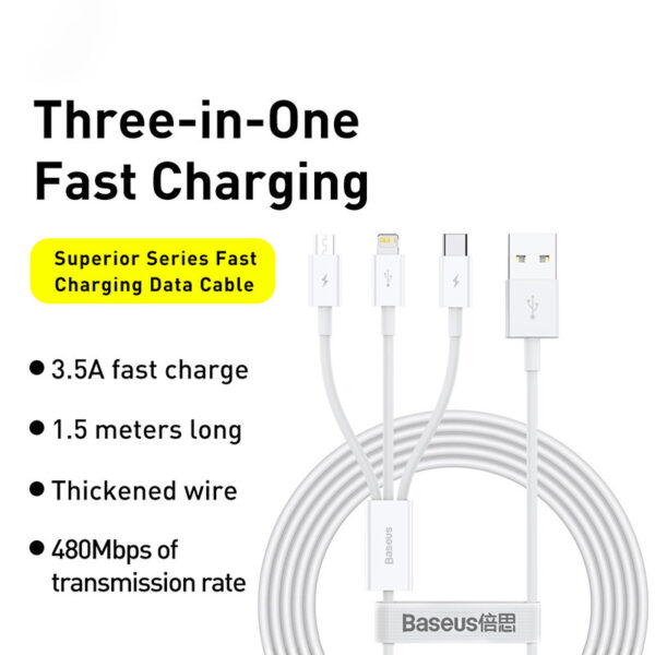 Baseus 3 in 1 USB Cable for iPhone 12 Pro Max Fast Charging Cable for Android Phone Huaiwei Xiaomi Type C Cable USB Cable Wire - Image 5