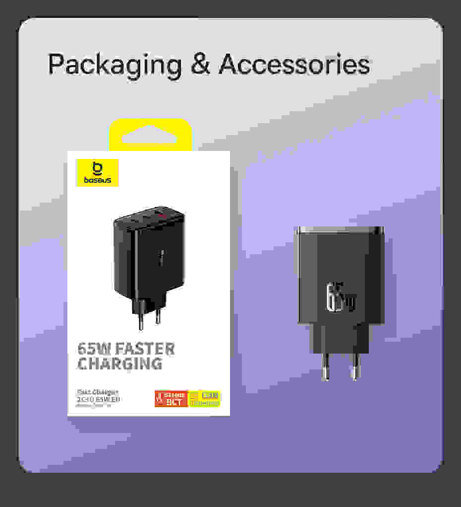 Baseus 65W GaN Charger PD Charge Type C PD USB Charger Support PD 3.1 QC PPS Portable Fast Charger For Laptop iPhone 14 13
