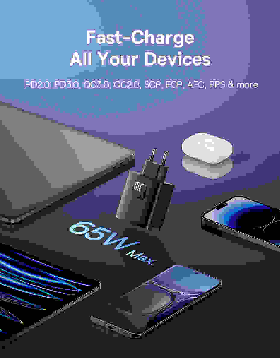 Baseus 65W GaN Charger PD Charge Type C PD USB Charger Support PD 3.1 QC PPS Portable Fast Charger For Laptop iPhone 14 13