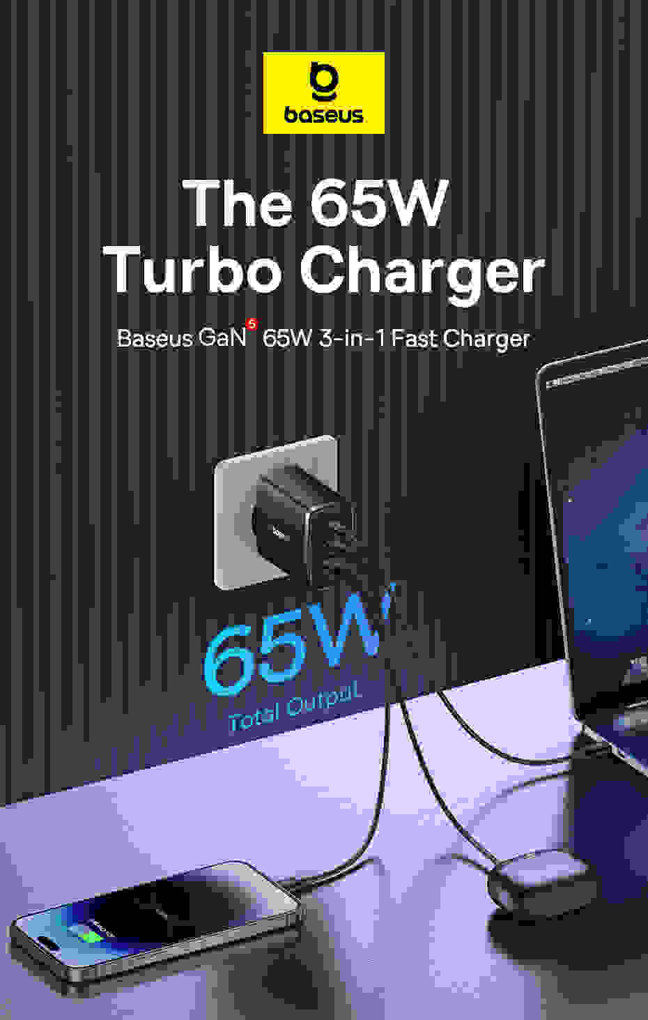 Baseus 65W GaN Charger PD Charge Type C PD USB Charger Support PD 3.1 QC PPS Portable Fast Charger For Laptop iPhone 14 13