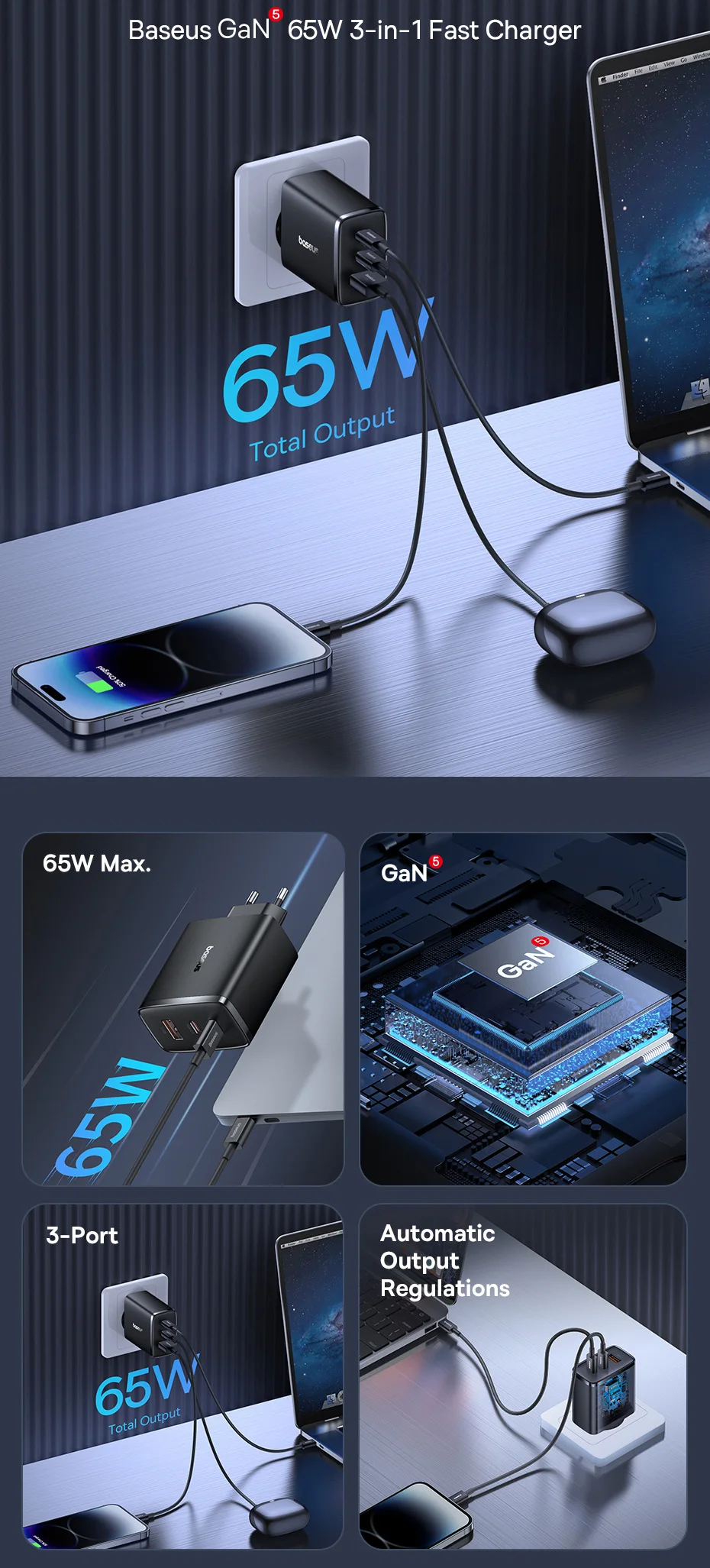 Baseus Cube Pro Fast Charger 2C+U 65W EU
