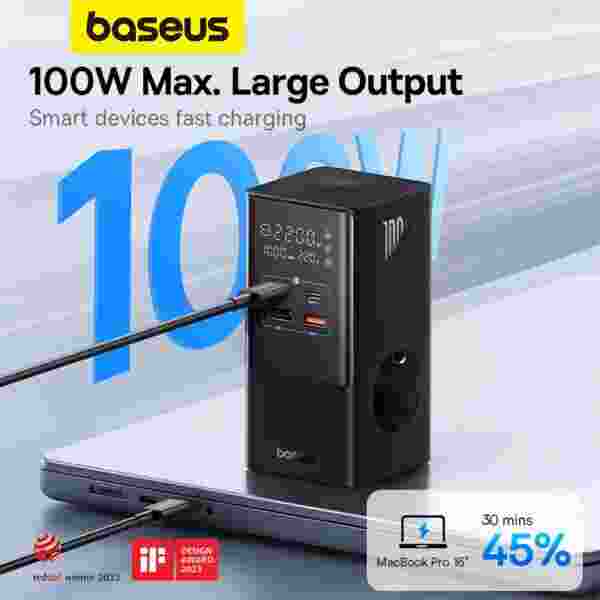 Baseus PowerCombo Tower Power Strip 2AC+2U+2C 100W 1.5m EU Fast USB Charger 6 in 1  Power Strip - Image 3