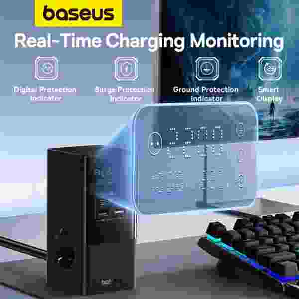 Baseus PowerCombo Tower Power Strip 2AC+2U+2C 100W 1.5m EU Fast USB Charger 6 in 1  Power Strip - Image 4