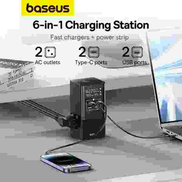 Baseus PowerCombo Tower Power Strip 2AC+2U+2C 100W 1.5m EU Fast USB Charger 6 in 1  Power Strip - Image 2