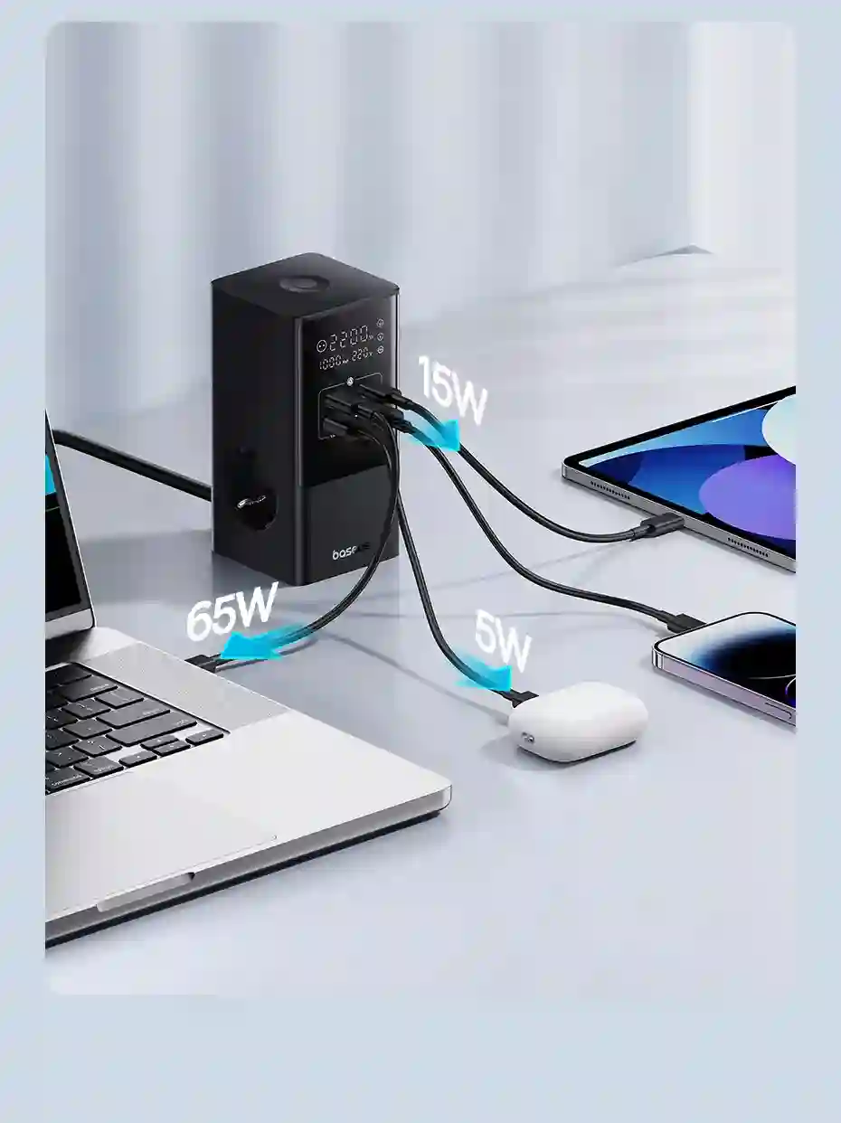Baseus 100W Fast USB Charger 6 in 1 Power Strip Desktop Charging Station With 1200J Surge Protector For MacBook iPhone Samsung