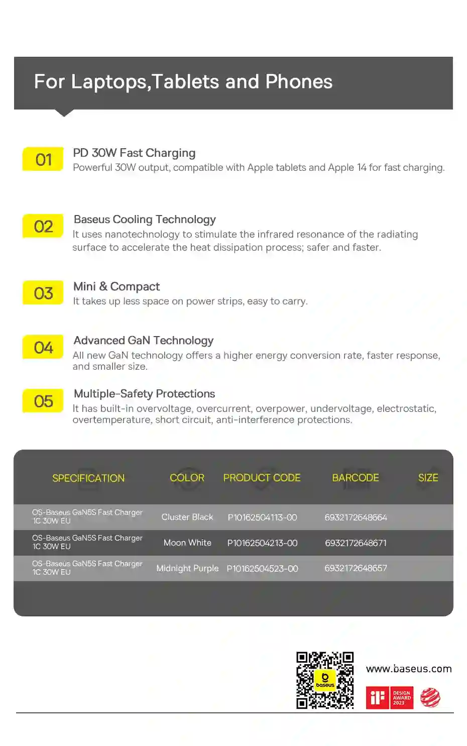 Baseus 30W GaN Charger Phone charger For iPhone 15 14 13 12 USB C Charger Support PD QC PPS Fast Charging For Laptop Smartphone