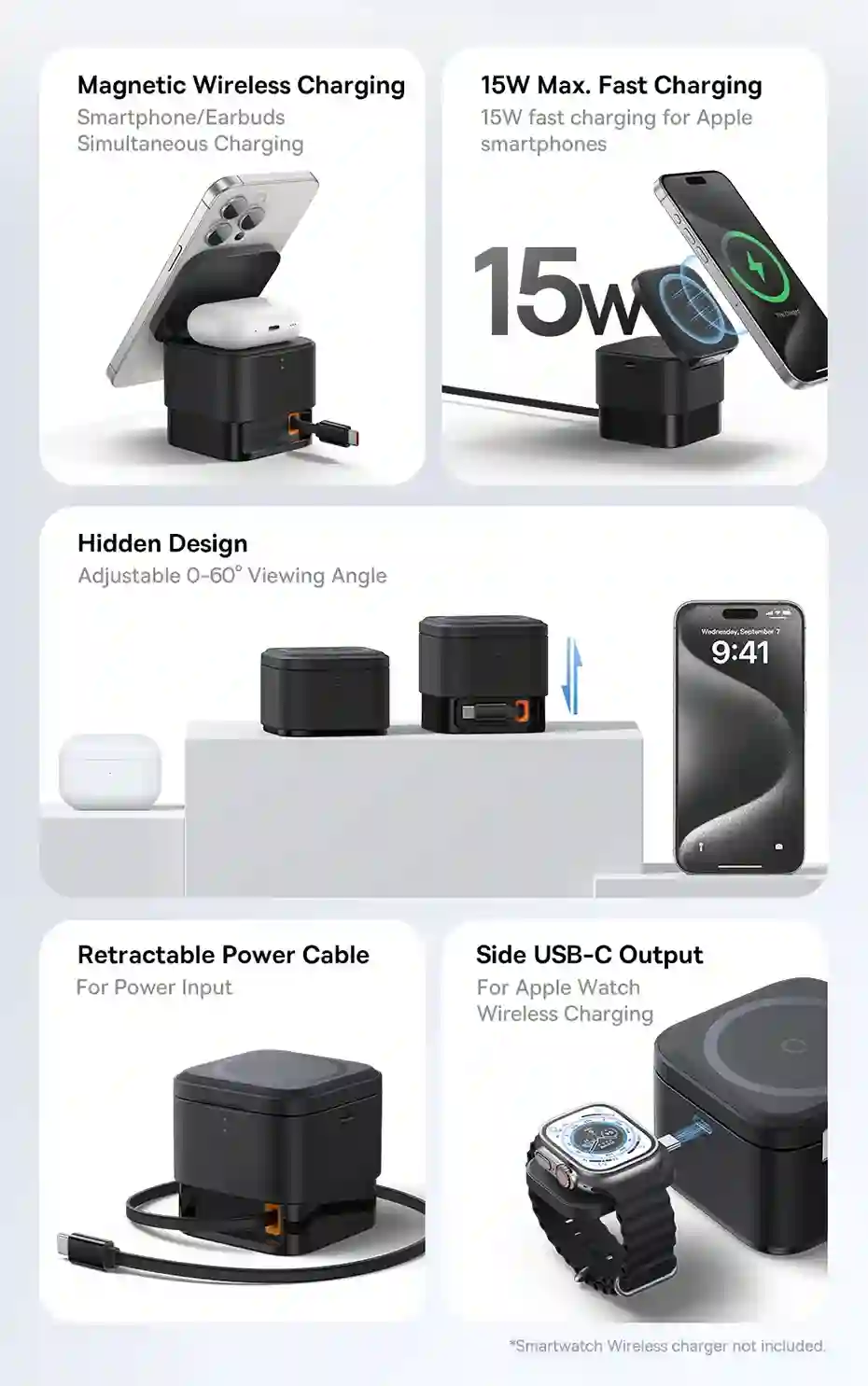 Baseus 25W 2 in 1 Magnetic Wireless Charger Stand 15W Fast Charging Dock Station With Retractable Cable For iPhone15 14 Airpod