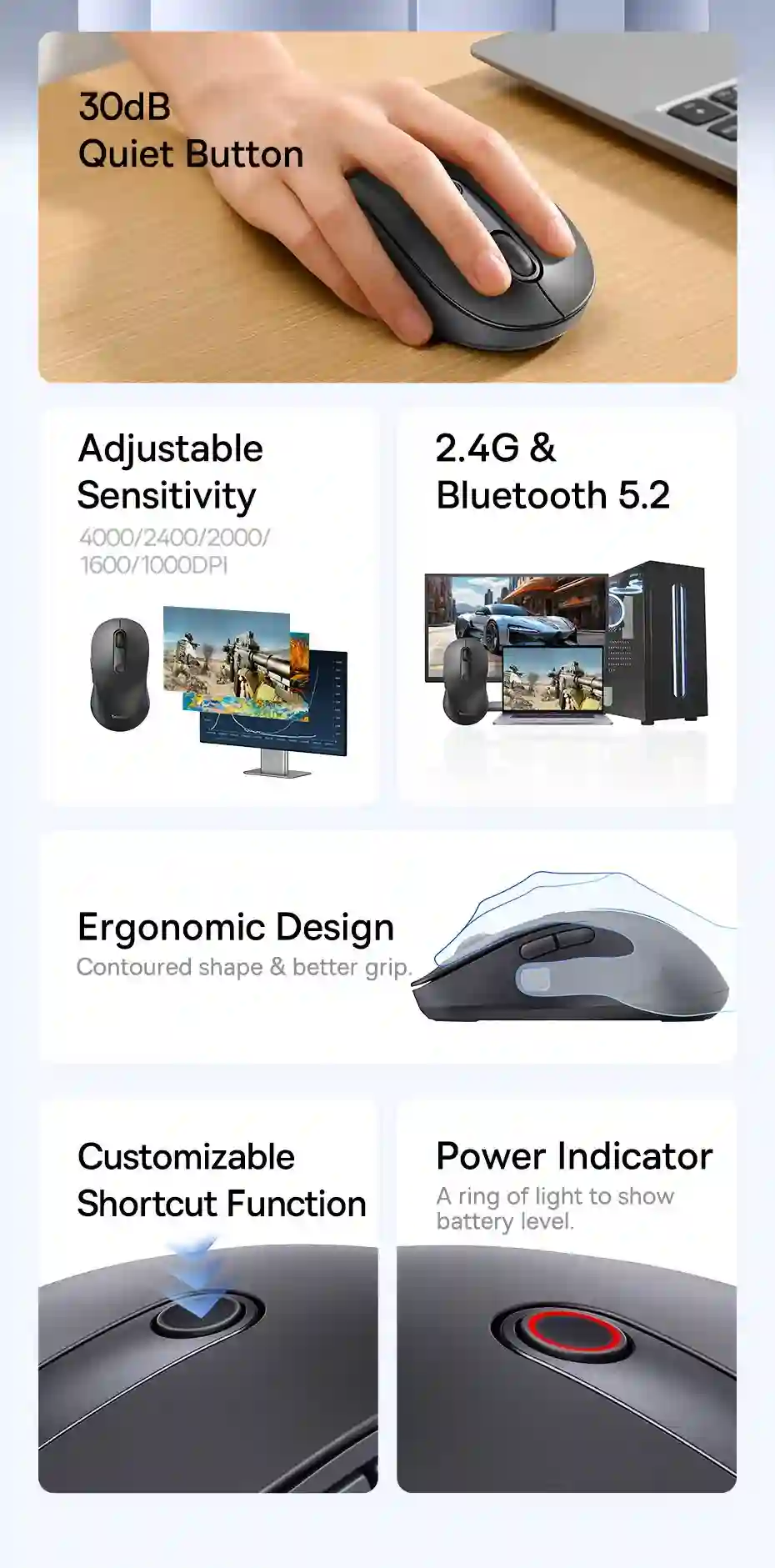 Baseus Wireless Mouse Gen 2 F02 Bluetooth 2.4G 4000 DPI Gaming Mouse with Customizable Buttons for PC MacBook Tablet Laptop