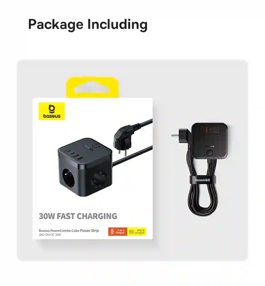 Baseus 30W Fast Charger Power Strip 3AC Outlet Desktop Charging Station With Surge Lightning Protection For iPhone 15 14 Tablets
