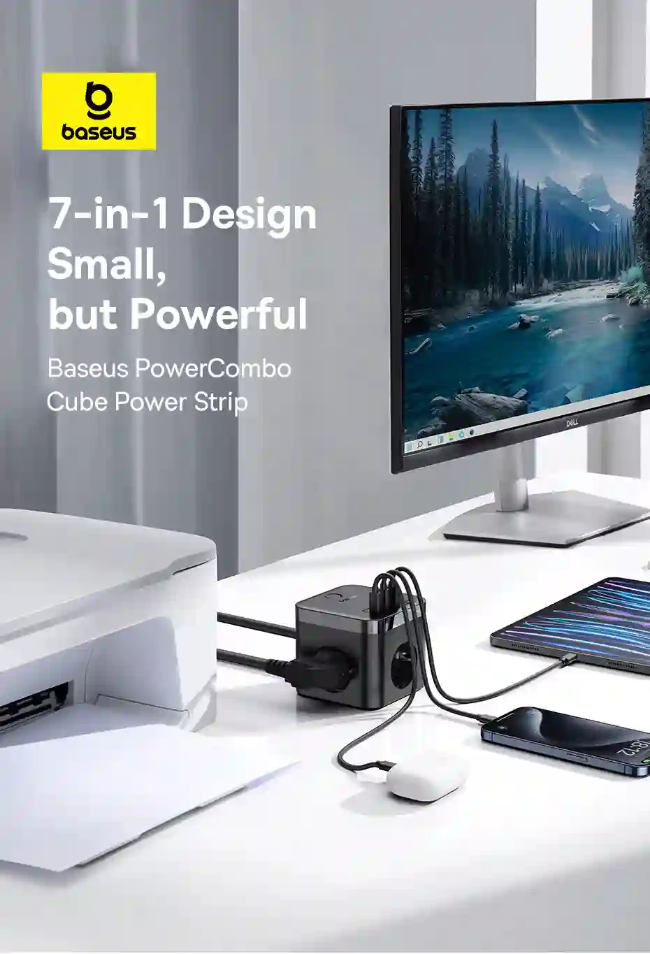 Baseus 30W Fast Charger Power Strip 3AC Outlet Desktop Charging Station With Surge Lightning Protection For iPhone 15 14 Tablets